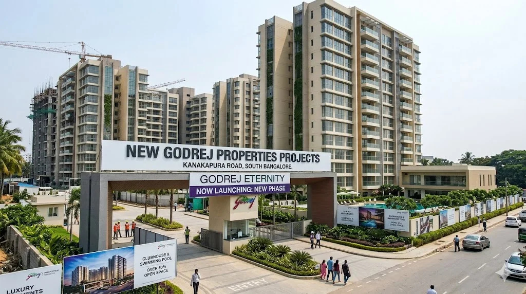 A modern luxury high-rise apartment building from the new Godrej Properties projects in South Bangalore, surrounded by lush green landscapes and premium lifestyle amenities.